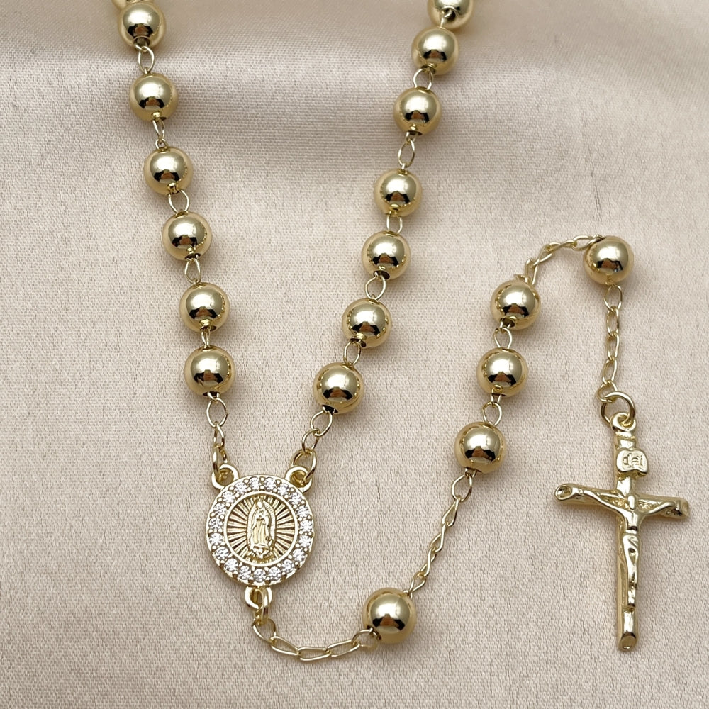 Oro Laminado Medium Rosary, Gold Filled Style Guadalupe and Crucifix Design, with White Cubic Zirconia, Polished, Golden Finish