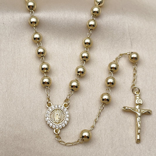 Oro Laminado Medium Rosary, Gold Filled Style Guadalupe and Crucifix Design, with White Cubic Zirconia, Polished, Golden Finish
