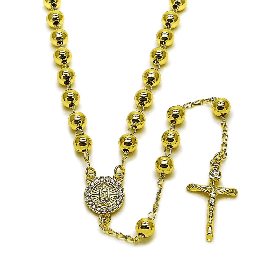 Oro Laminado Medium Rosary, Gold Filled Style Guadalupe and Crucifix Design, with White Cubic Zirconia, Polished, Golden Finish