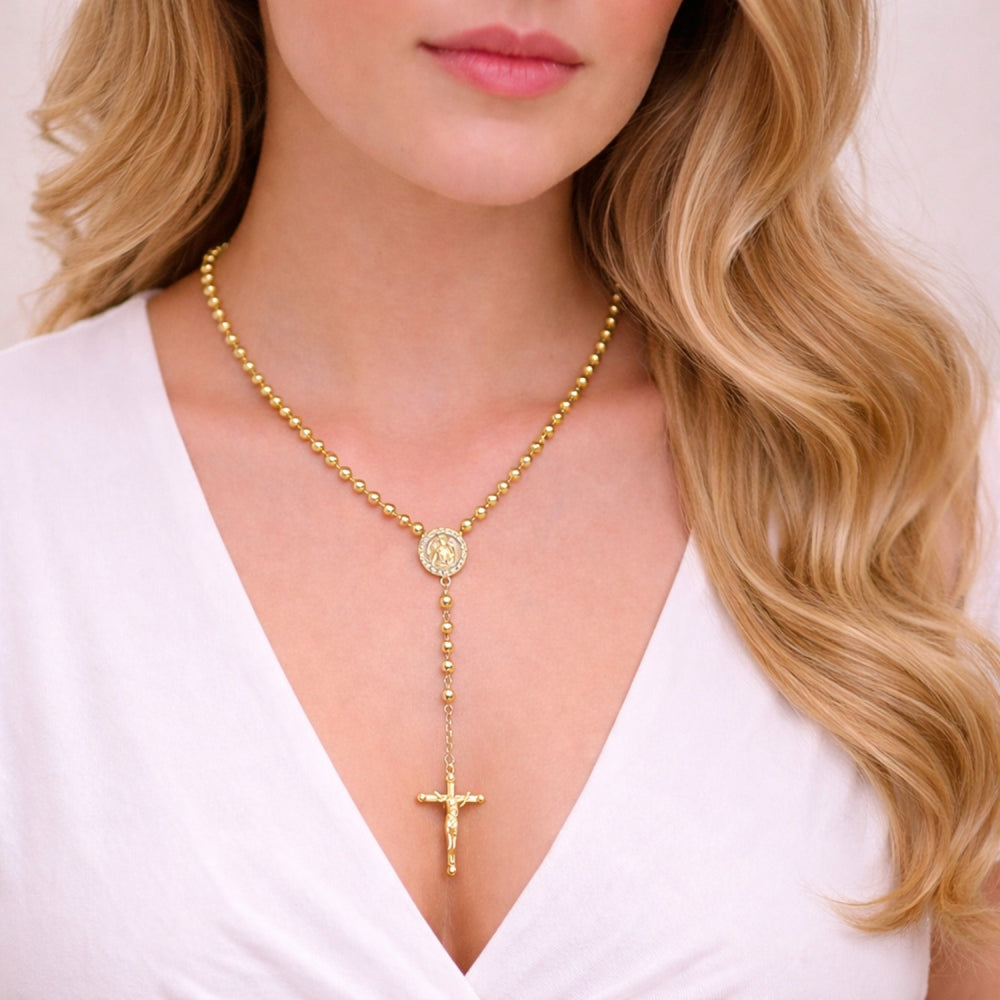 Oro Laminado Thin Rosary, Gold Filled Style Medalla Milagrosa and Crucifix Design, with White Cubic Zirconia, Polished, Golden Finish