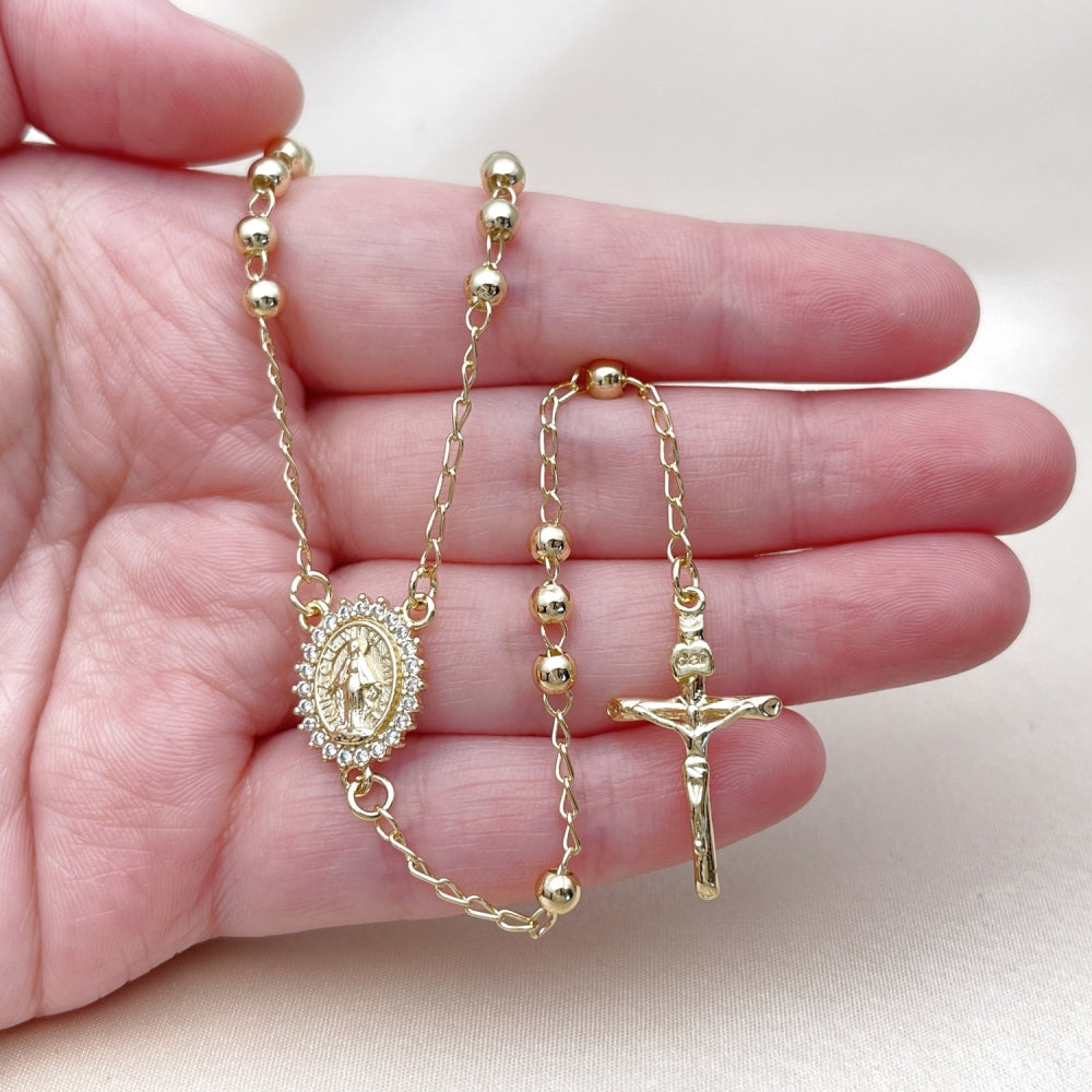 Oro Laminado Thin Rosary, Gold Filled Style Medalla Milagrosa and Crucifix Design, with White Cubic Zirconia, Polished, Golden Finish