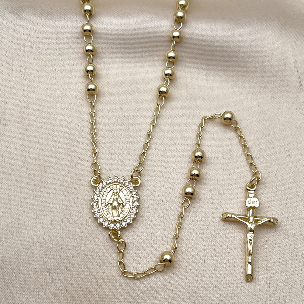 Oro Laminado Thin Rosary, Gold Filled Style Medalla Milagrosa and Crucifix Design, with White Cubic Zirconia, Polished, Golden Finish
