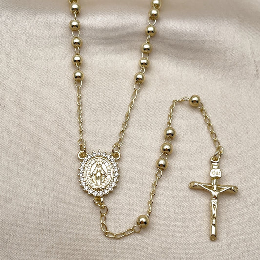 Oro Laminado Thin Rosary, Gold Filled Style Medalla Milagrosa and Crucifix Design, with White Cubic Zirconia, Polished, Golden Finish