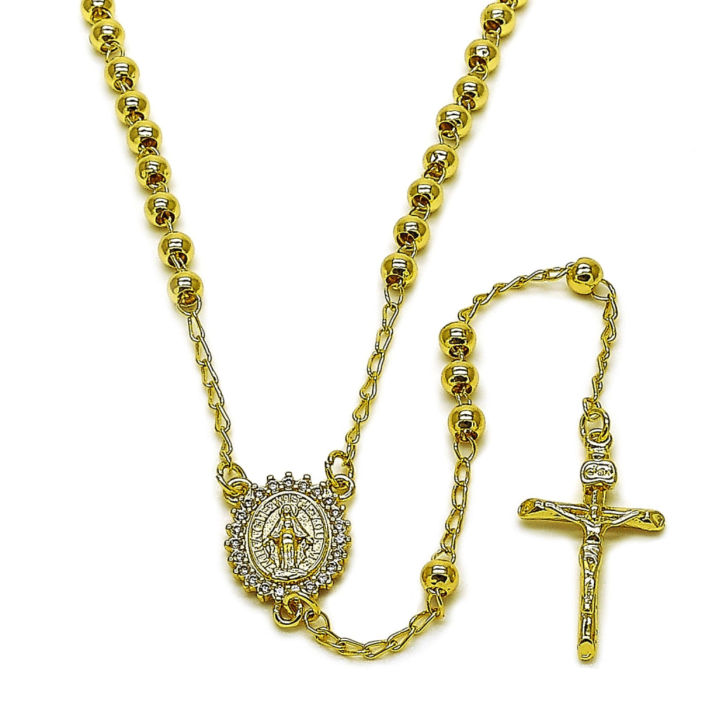 Oro Laminado Thin Rosary, Gold Filled Style Medalla Milagrosa and Crucifix Design, with White Cubic Zirconia, Polished, Golden Finish