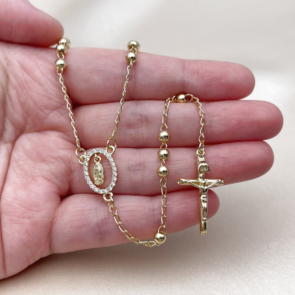 Oro Laminado Thin Rosary, Gold Filled Style Guadalupe and Crucifix Design, with White Cubic Zirconia, Polished, Golden Finish