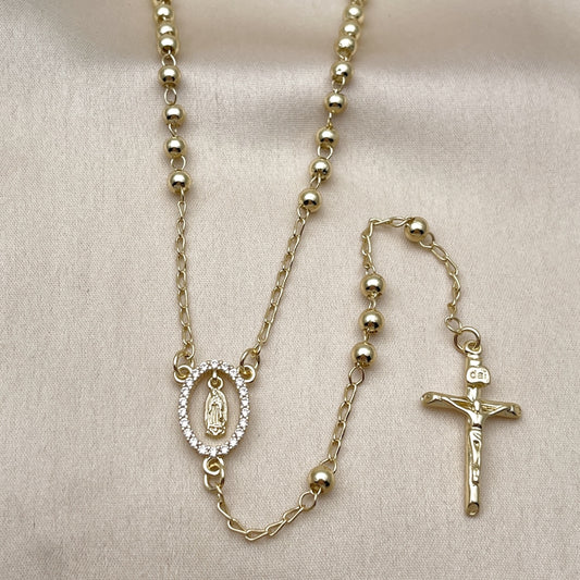 Oro Laminado Thin Rosary, Gold Filled Style Guadalupe and Crucifix Design, with White Cubic Zirconia, Polished, Golden Finish