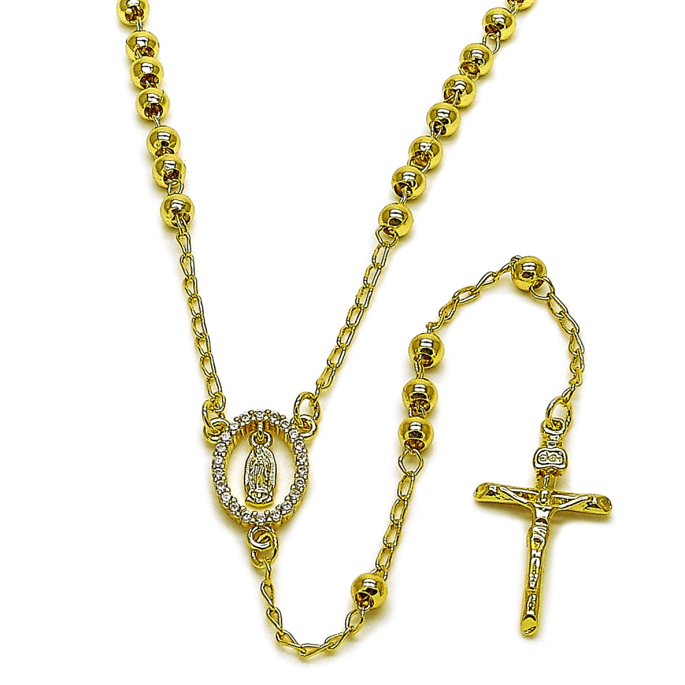Oro Laminado Thin Rosary, Gold Filled Style Guadalupe and Crucifix Design, with White Cubic Zirconia, Polished, Golden Finish