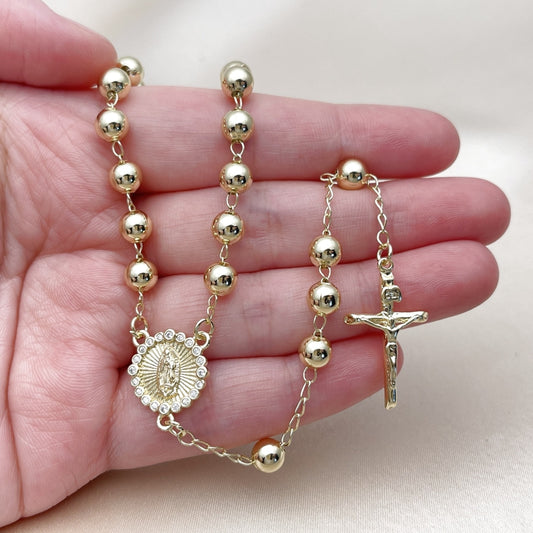 Oro Laminado Medium Rosary, Gold Filled Style Guadalupe and Crucifix Design, with White Cubic Zirconia, Polished, Golden Finish