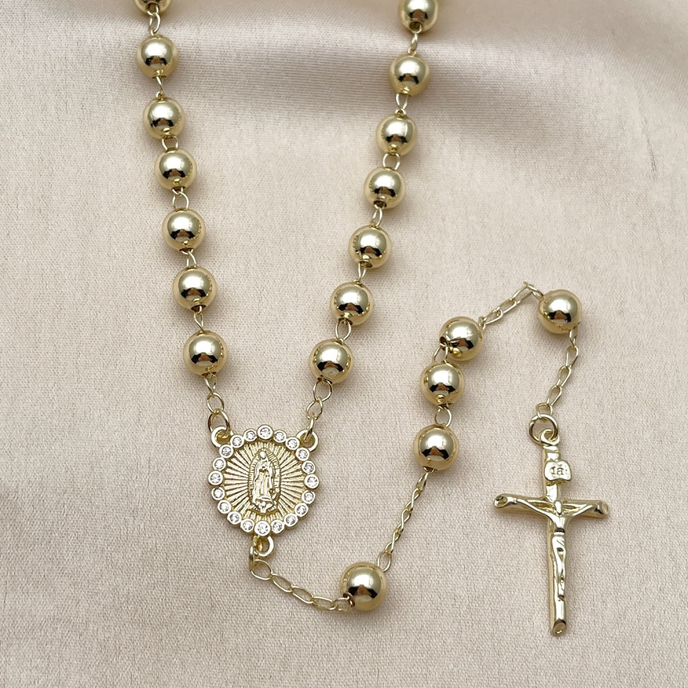Oro Laminado Medium Rosary, Gold Filled Style Guadalupe and Crucifix Design, with White Cubic Zirconia, Polished, Golden Finish
