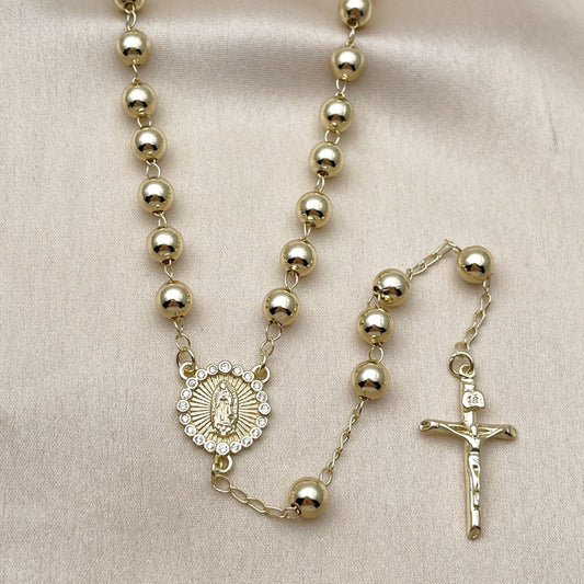 Oro Laminado Medium Rosary, Gold Filled Style Guadalupe and Crucifix Design, with White Cubic Zirconia, Polished, Golden Finish