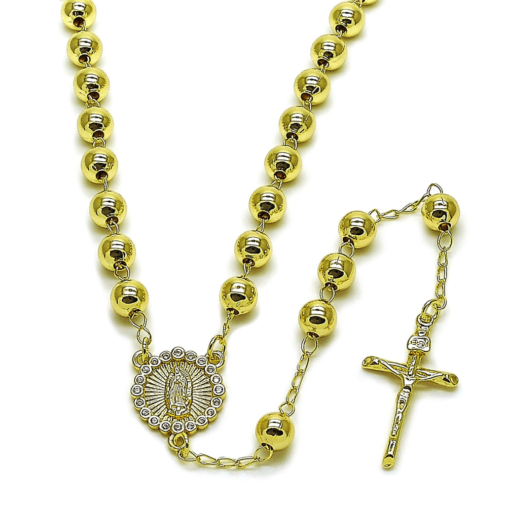 Oro Laminado Medium Rosary, Gold Filled Style Guadalupe and Crucifix Design, with White Cubic Zirconia, Polished, Golden Finish