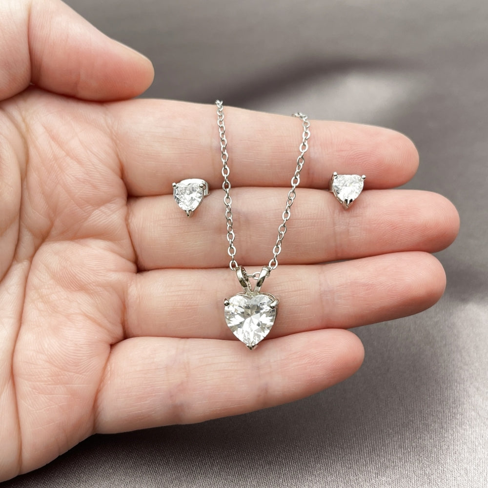 Rhodium Gold Filled Earring and Pendant Adult Set, Heart Design, with White Cubic Zirconia, Polished, Rhodium Finish