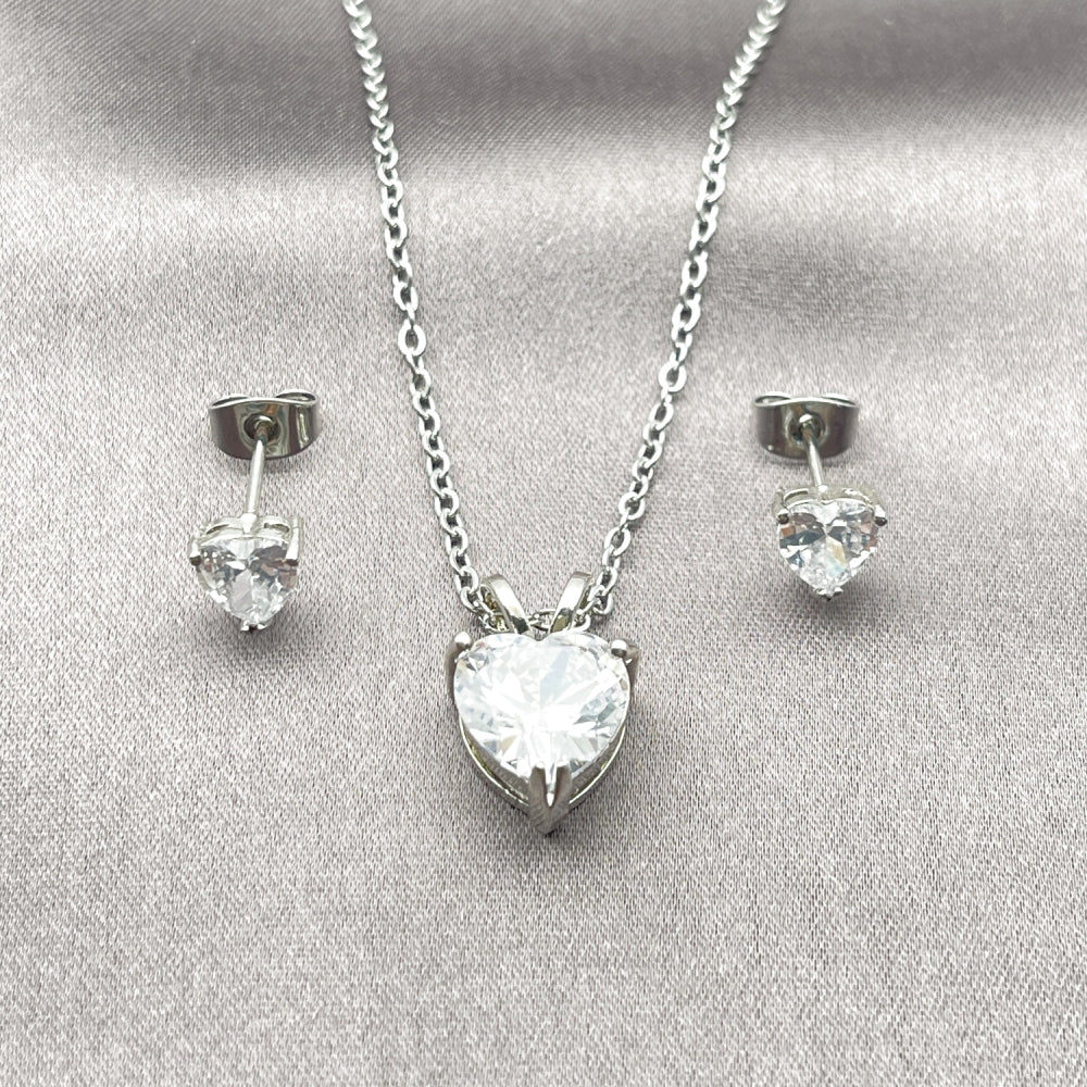 Rhodium Gold Filled Earring and Pendant Adult Set, Heart Design, with White Cubic Zirconia, Polished, Rhodium Finish
