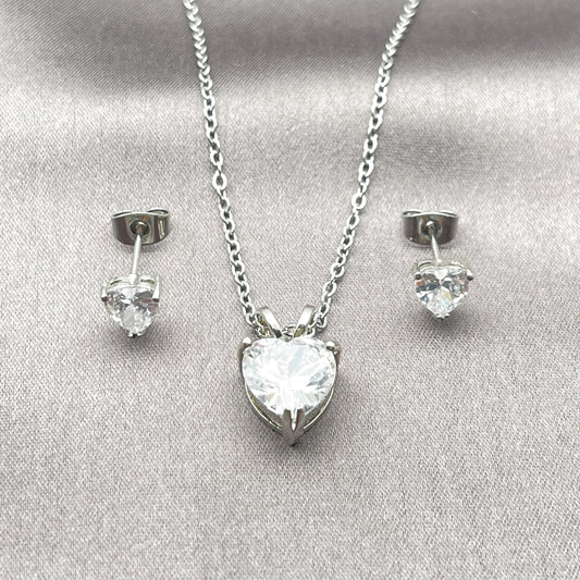 Rhodium Gold Filled Earring and Pendant Adult Set, Heart Design, with White Cubic Zirconia, Polished, Rhodium Finish