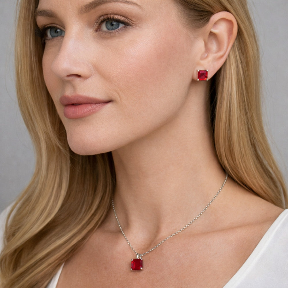 Rhodium Gold Filled Earring and Pendant Adult Set, Rolo Design, with Garnet Cubic Zirconia, Polished, Rhodium Finish