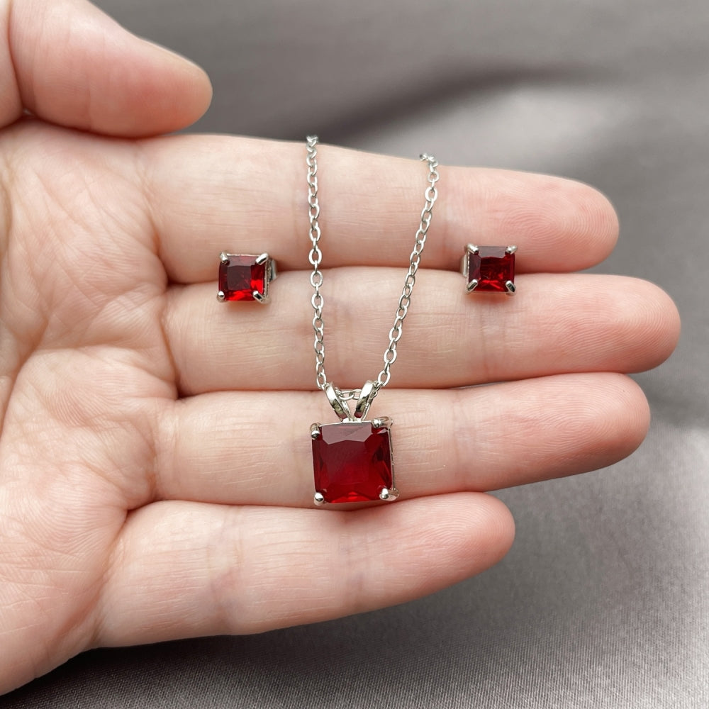 Rhodium Gold Filled Earring and Pendant Adult Set, Rolo Design, with Garnet Cubic Zirconia, Polished, Rhodium Finish