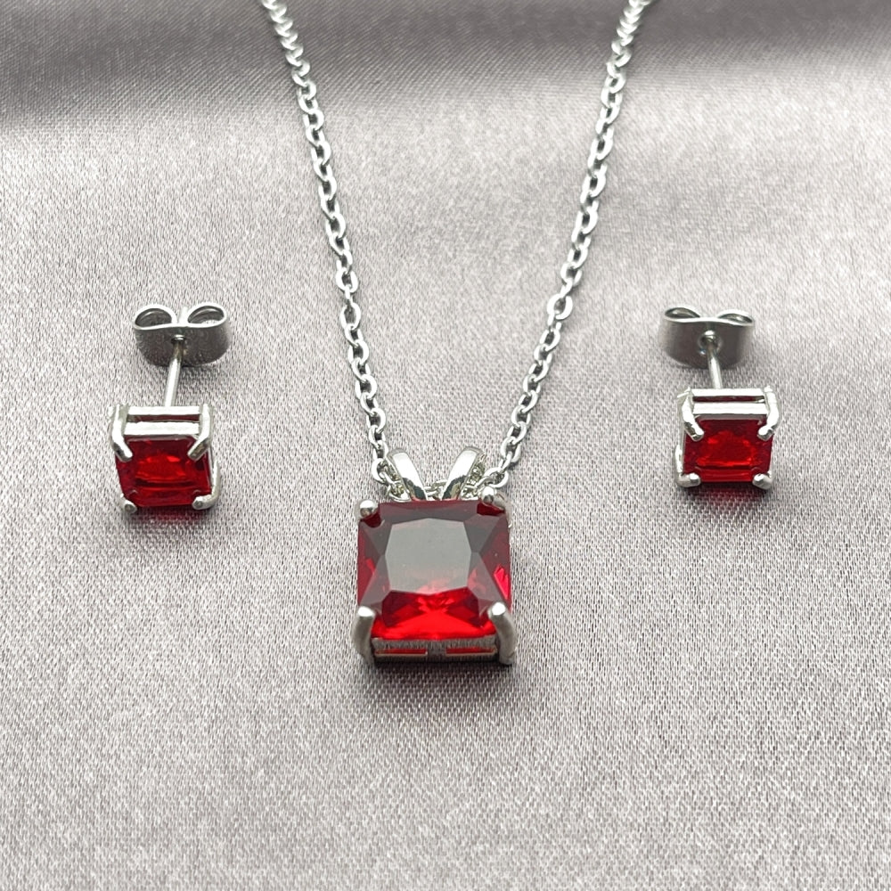 Rhodium Gold Filled Earring and Pendant Adult Set, Rolo Design, with Garnet Cubic Zirconia, Polished, Rhodium Finish
