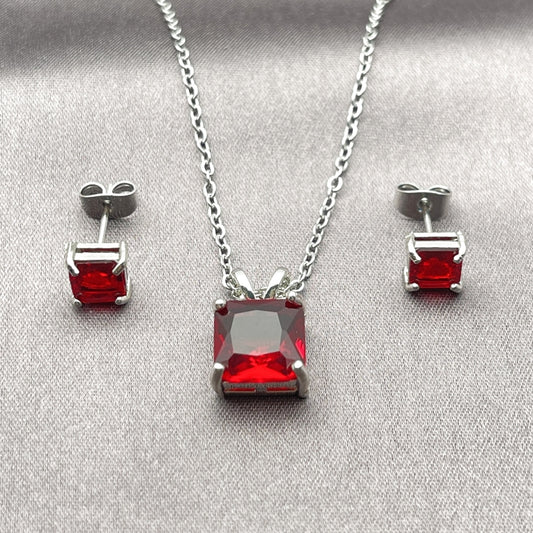 Rhodium Gold Filled Earring and Pendant Adult Set, Rolo Design, with Garnet Cubic Zirconia, Polished, Rhodium Finish