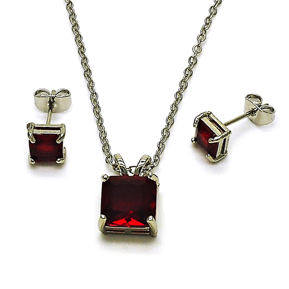 Rhodium Gold Filled Earring and Pendant Adult Set, Rolo Design, with Garnet Cubic Zirconia, Polished, Rhodium Finish