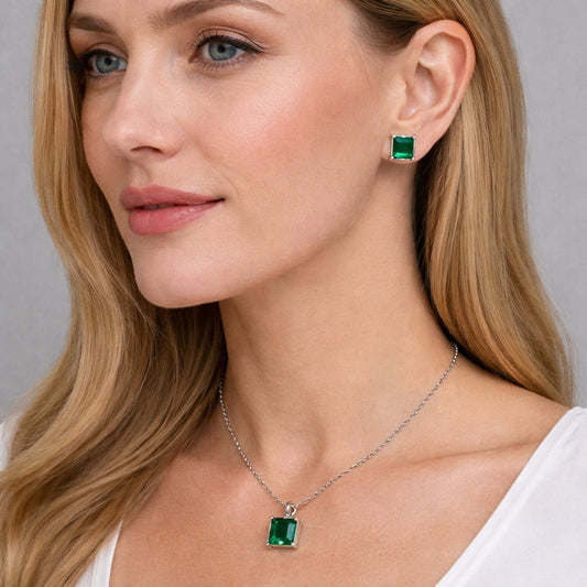 Rhodium Gold Filled Earring and Pendant Adult Set, Rolo Design, with Green Cubic Zirconia, Polished, Rhodium Finish