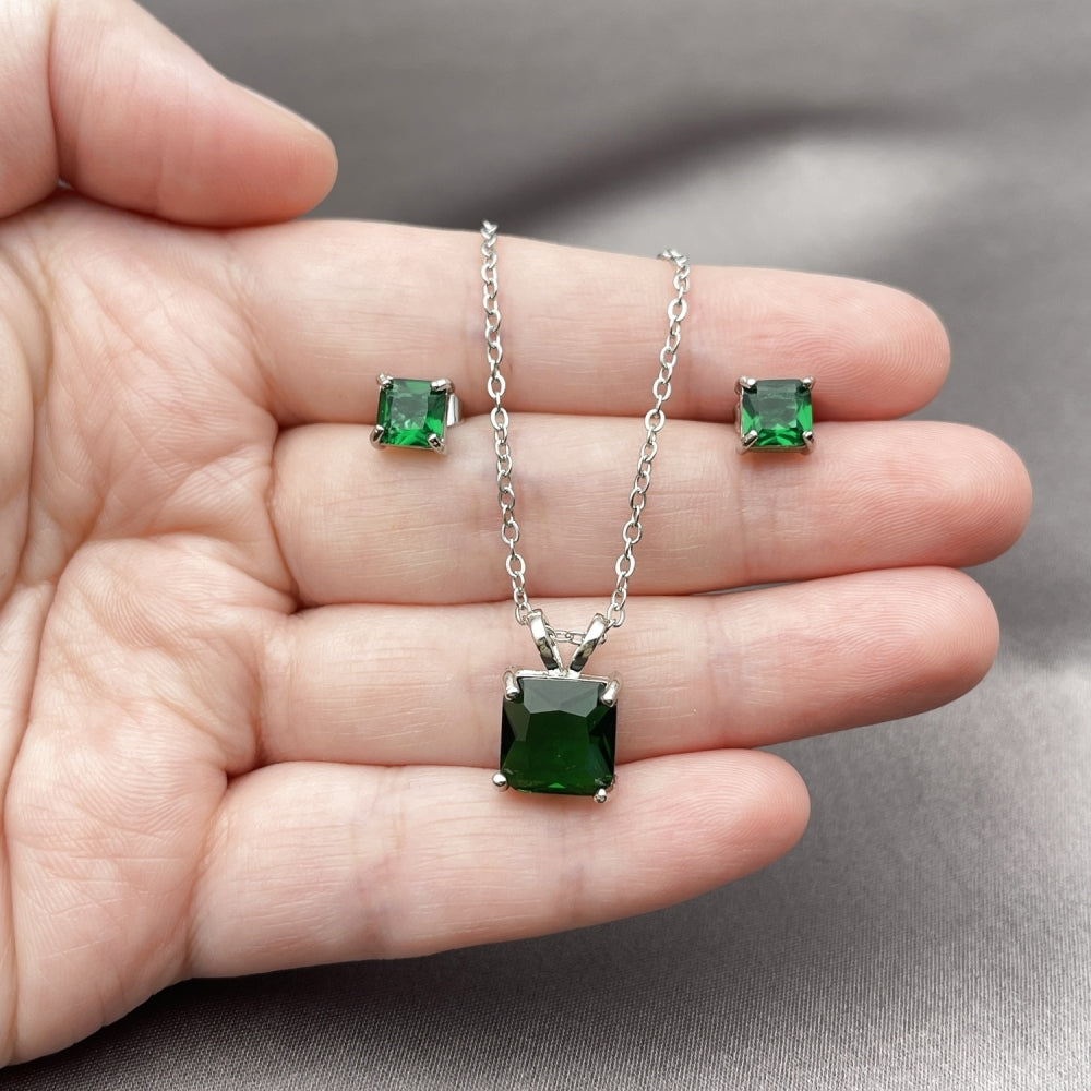 Rhodium Gold Filled Earring and Pendant Adult Set, Rolo Design, with Green Cubic Zirconia, Polished, Rhodium Finish