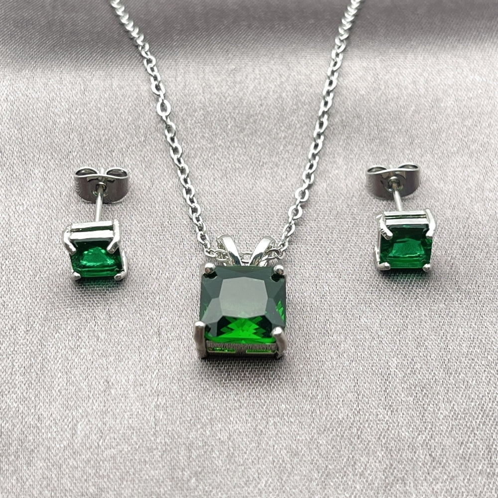 Rhodium Gold Filled Earring and Pendant Adult Set, Rolo Design, with Green Cubic Zirconia, Polished, Rhodium Finish