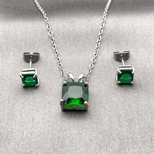 Rhodium Gold Filled Earring and Pendant Adult Set, Rolo Design, with Green Cubic Zirconia, Polished, Rhodium Finish