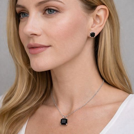 Rhodium Gold Filled Earring and Pendant Adult Set, Rolo Design, with Black Cubic Zirconia, Polished, Rhodium Finish