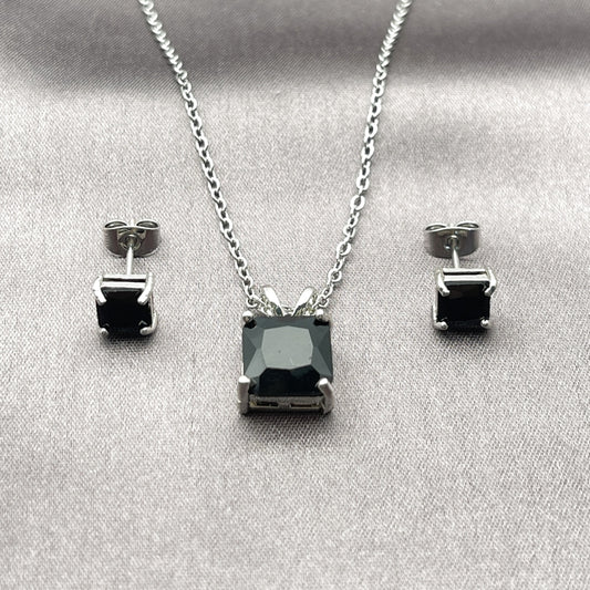 Rhodium Gold Filled Earring and Pendant Adult Set, Rolo Design, with Black Cubic Zirconia, Polished, Rhodium Finish