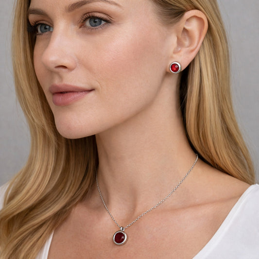 Rhodium Gold Filled Earring and Pendant Adult Set, Rolo Design, with Garnet Cubic Zirconia, Polished, Rhodium Finish
