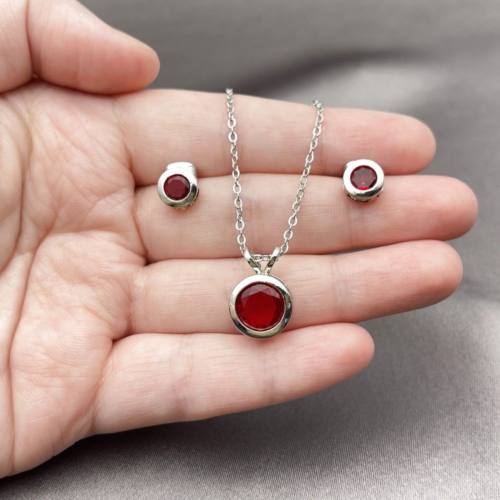 Rhodium Gold Filled Earring and Pendant Adult Set, Rolo Design, with Garnet Cubic Zirconia, Polished, Rhodium Finish