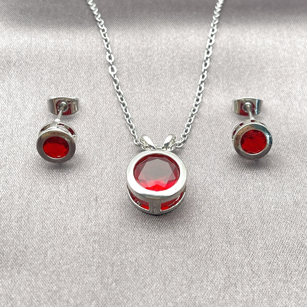 Rhodium Gold Filled Earring and Pendant Adult Set, Rolo Design, with Garnet Cubic Zirconia, Polished, Rhodium Finish