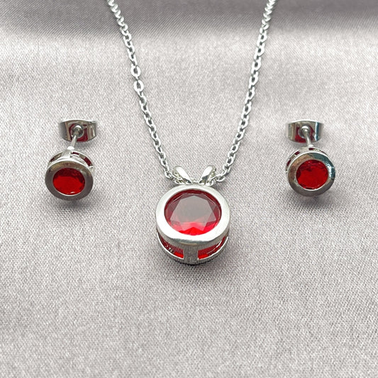 Rhodium Gold Filled Earring and Pendant Adult Set, Rolo Design, with Garnet Cubic Zirconia, Polished, Rhodium Finish