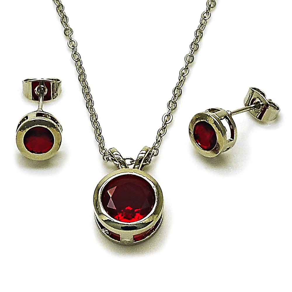 Rhodium Gold Filled Earring and Pendant Adult Set, Rolo Design, with Garnet Cubic Zirconia, Polished, Rhodium Finish