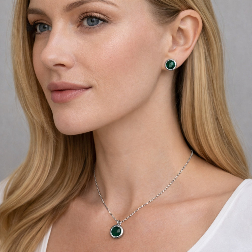Rhodium Gold Filled Earring and Pendant Adult Set, Rolo Design, with Green Cubic Zirconia, Polished, Rhodium Finish