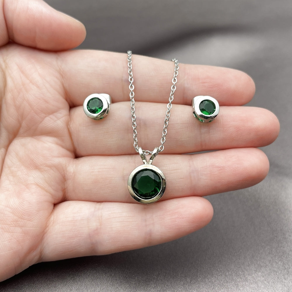 Rhodium Gold Filled Earring and Pendant Adult Set, Rolo Design, with Green Cubic Zirconia, Polished, Rhodium Finish