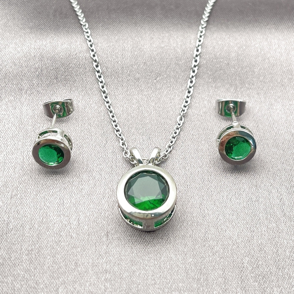 Rhodium Gold Filled Earring and Pendant Adult Set, Rolo Design, with Green Cubic Zirconia, Polished, Rhodium Finish