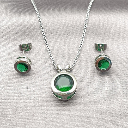 Rhodium Gold Filled Earring and Pendant Adult Set, Rolo Design, with Green Cubic Zirconia, Polished, Rhodium Finish
