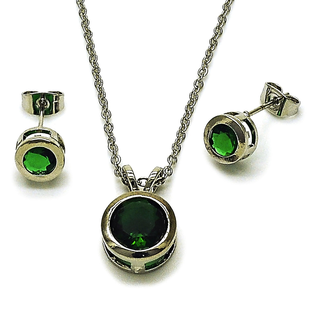 Rhodium Gold Filled Earring and Pendant Adult Set, Rolo Design, with Green Cubic Zirconia, Polished, Rhodium Finish