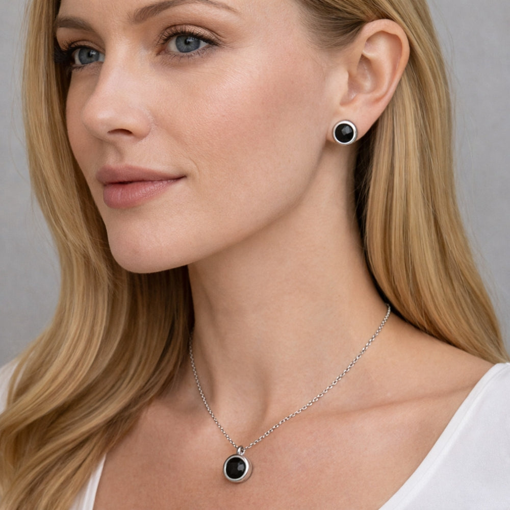 Rhodium Gold Filled Earring and Pendant Adult Set, Rolo Design, with Black Cubic Zirconia, Polished, Rhodium Finish