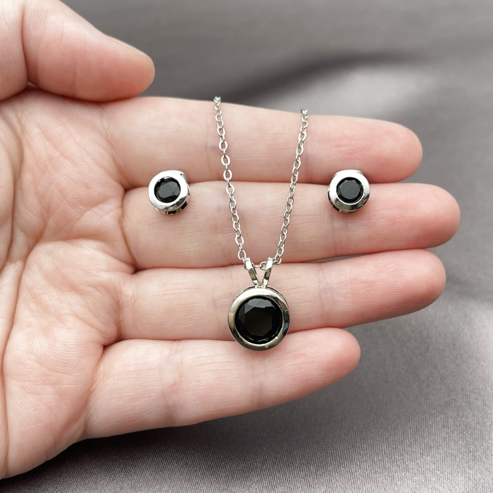Rhodium Gold Filled Earring and Pendant Adult Set, Rolo Design, with Black Cubic Zirconia, Polished, Rhodium Finish