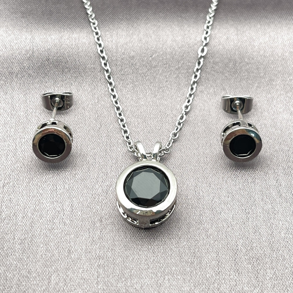 Rhodium Gold Filled Earring and Pendant Adult Set, Rolo Design, with Black Cubic Zirconia, Polished, Rhodium Finish