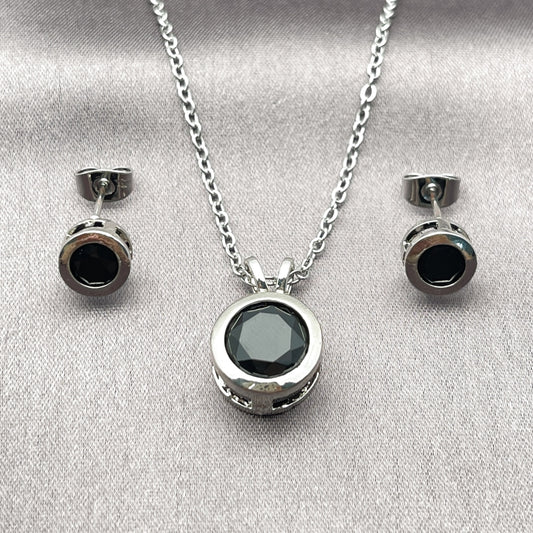 Rhodium Gold Filled Earring and Pendant Adult Set, Rolo Design, with Black Cubic Zirconia, Polished, Rhodium Finish