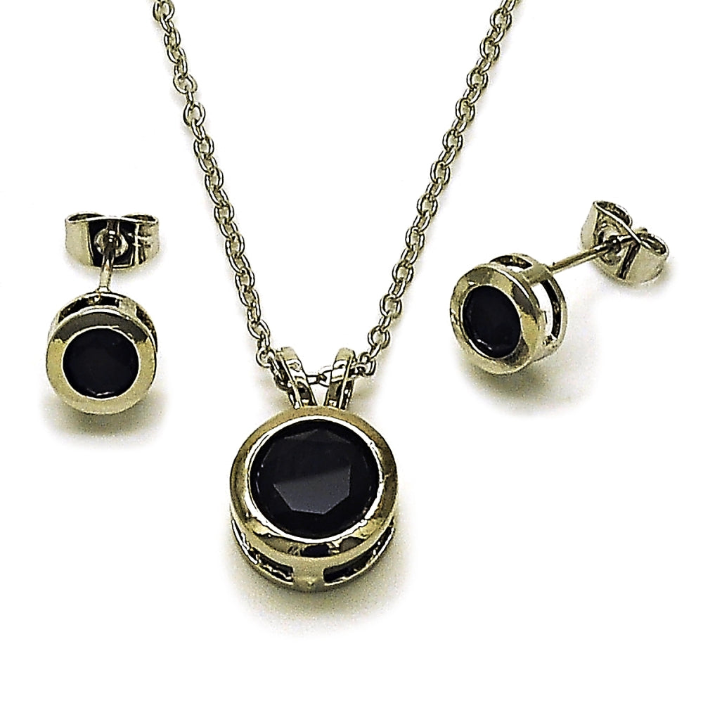 Rhodium Gold Filled Earring and Pendant Adult Set, Rolo Design, with Black Cubic Zirconia, Polished, Rhodium Finish