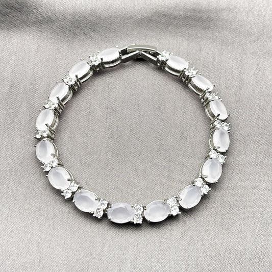 Rhodium Gold Filled Tennis Bracelet, Cluster Design, with Rose Water Opal and White Cubic Zirconia, Polished, Rhodium Finish