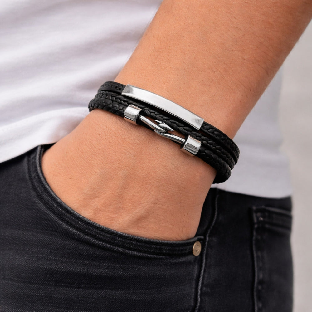 Stainless Steel Fancy Bracelet, Black Leather Finish, Steel Finish