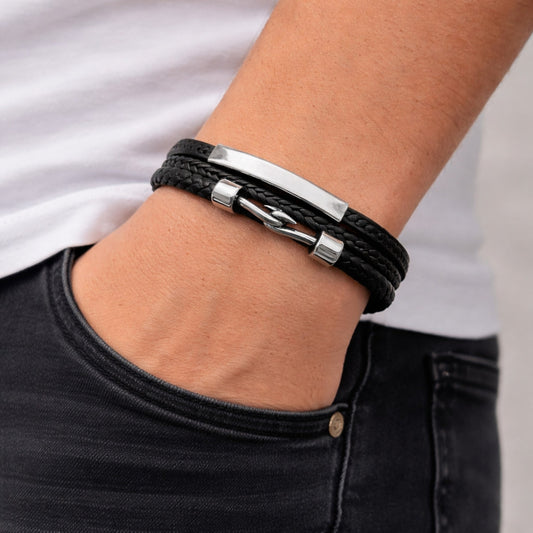 Stainless Steel Fancy Bracelet, Black Leather Finish, Steel Finish