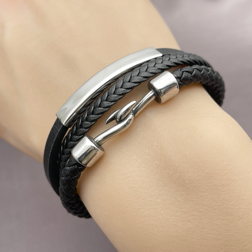 Stainless Steel Fancy Bracelet, Black Leather Finish, Steel Finish