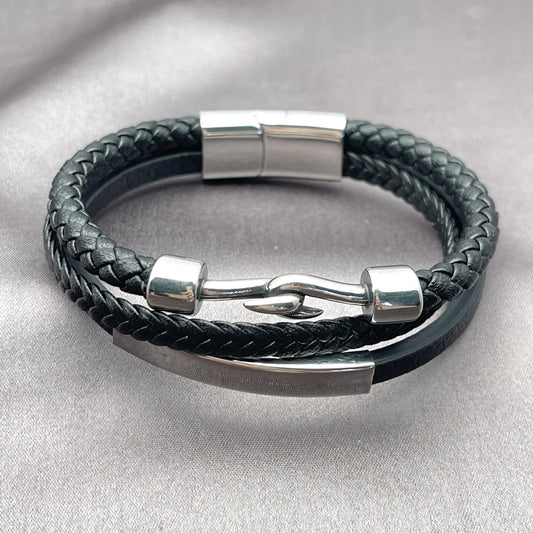 Stainless Steel Fancy Bracelet, Black Leather Finish, Steel Finish