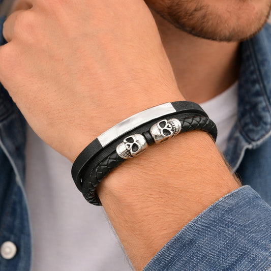 Stainless Steel Fancy Bracelet, Skull Design, Black Leather Finish, Steel Finish